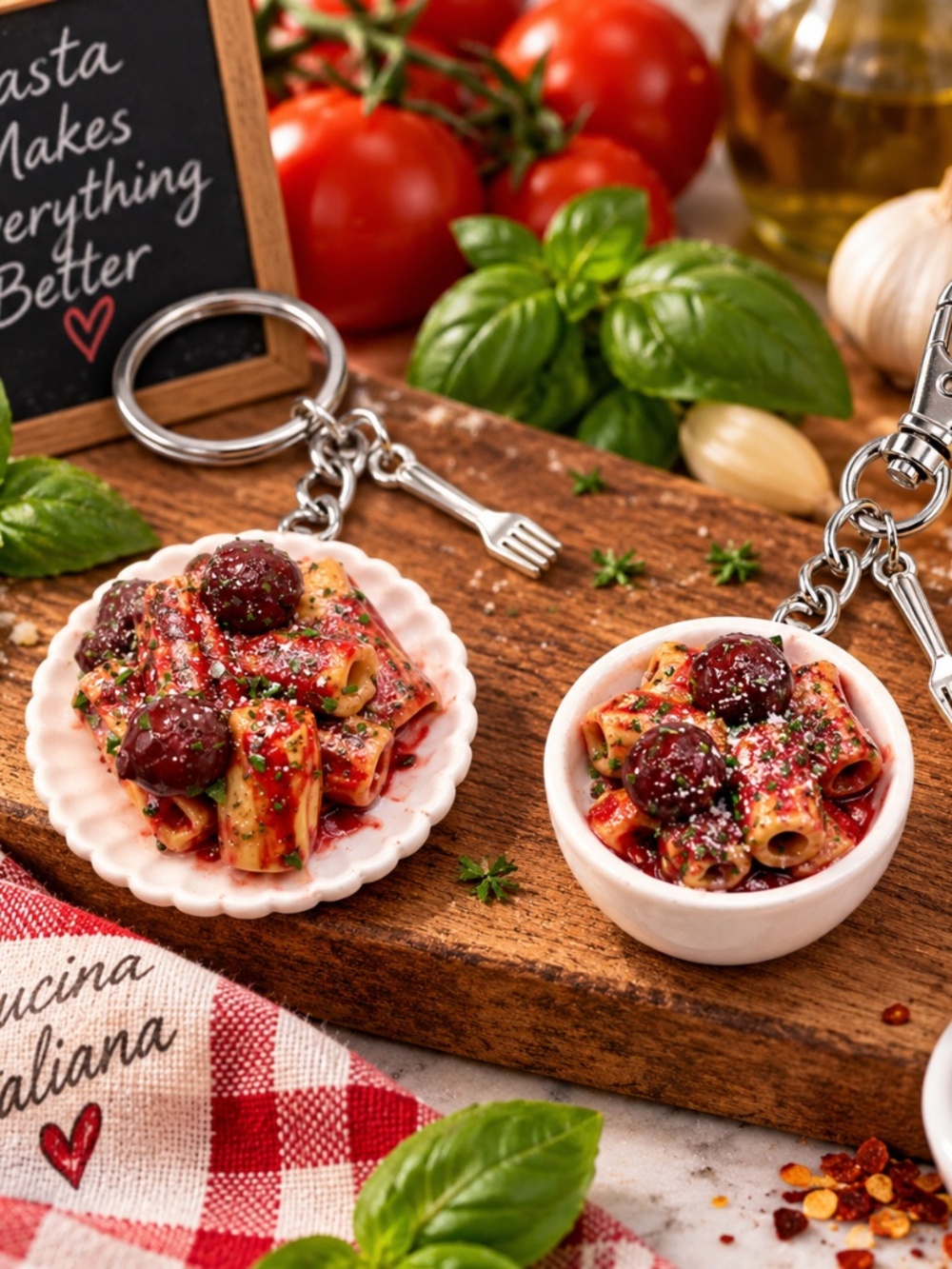 Rigatoni & Meatball Keychain or Bag Clip | Handmade Pasta Italian Food Accessory